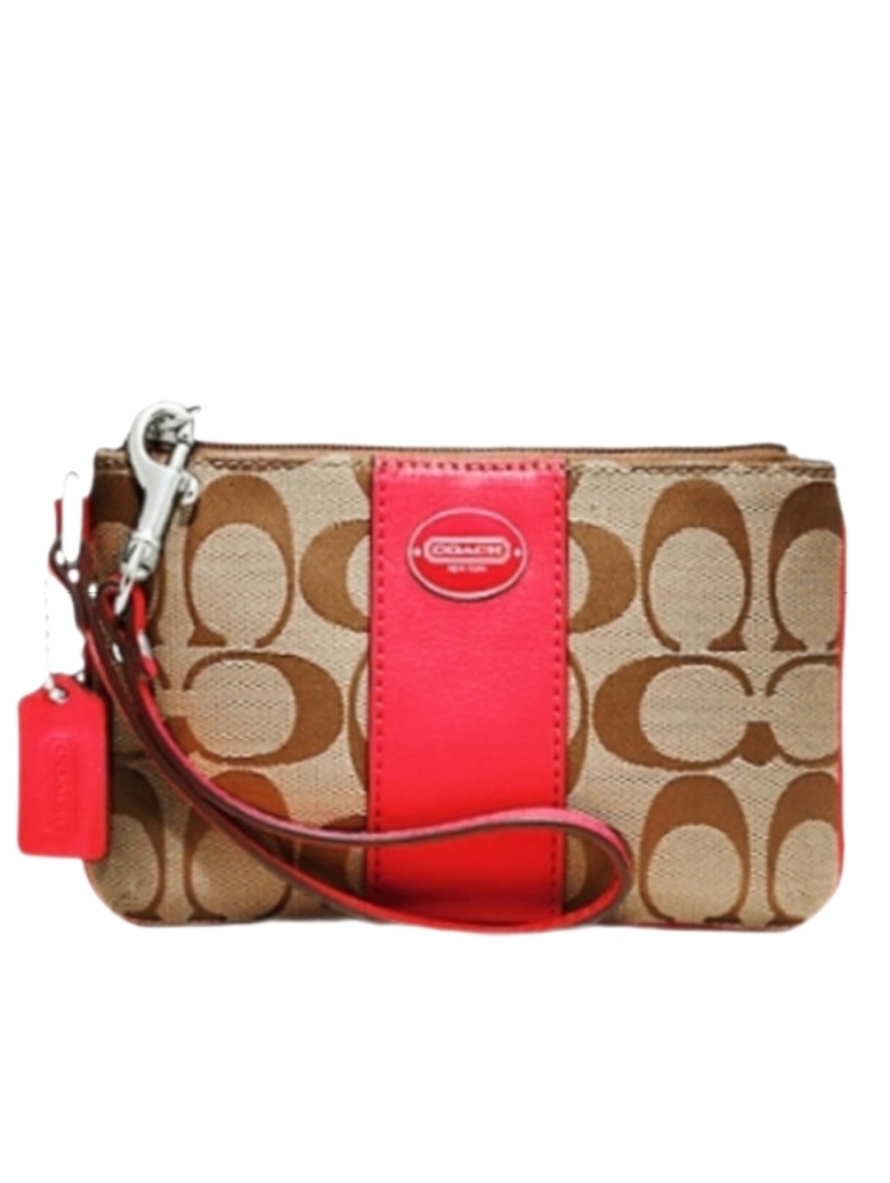 💗 Coach Permission Red Khaki Box Small Signature Stripe Canvas Wristlet